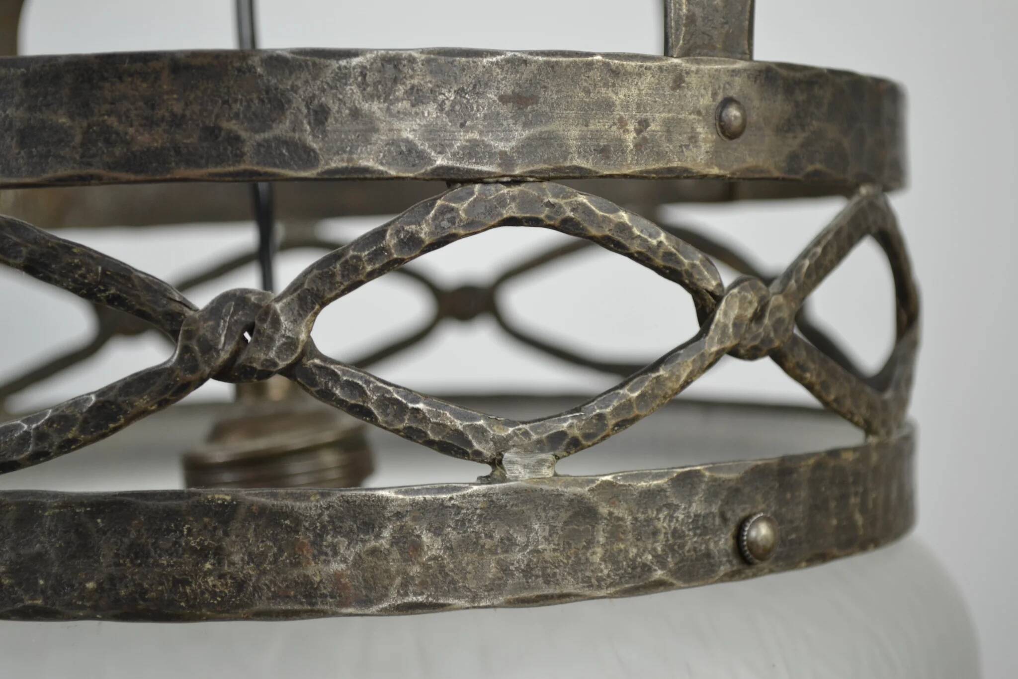 Ceiling lamp, hand-forged hammered iron with glass shade, early 20th century, Sweden