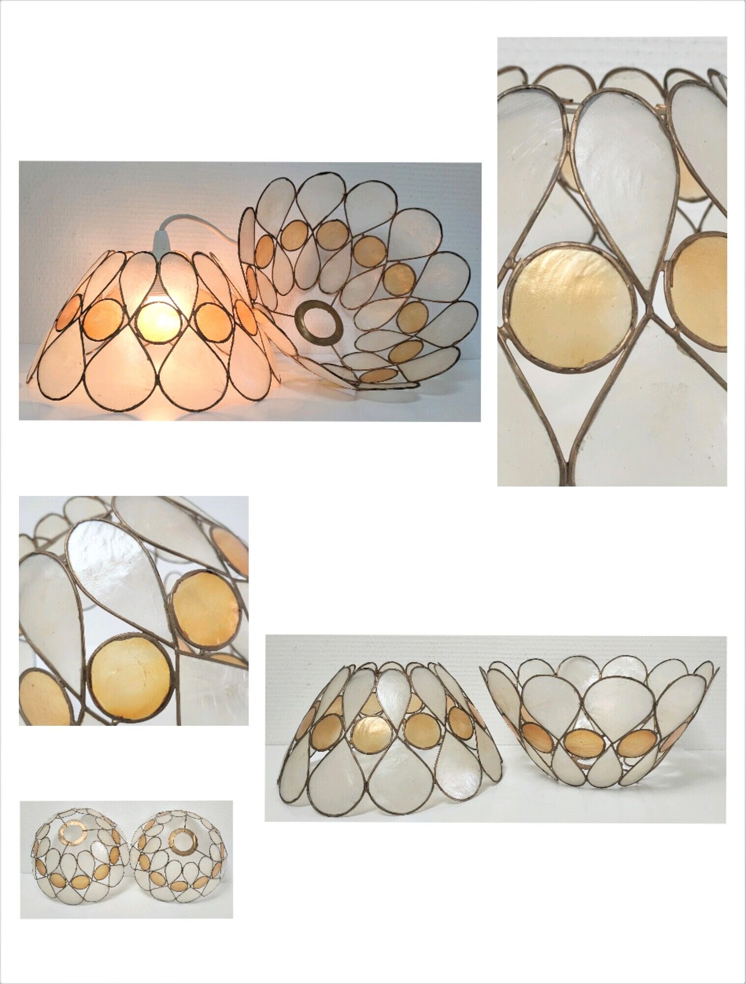 Pair of Capiz mother-of-pearl lampshade and vintage gilded metal