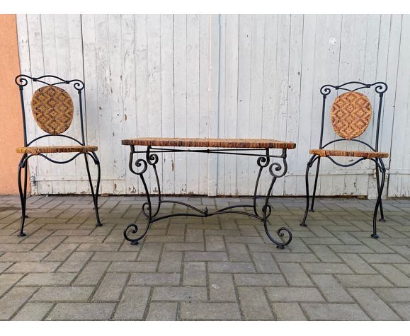 Set of vintage garden furniture sofa wrought iron and wicker, chairs & coffee table vintage 1980