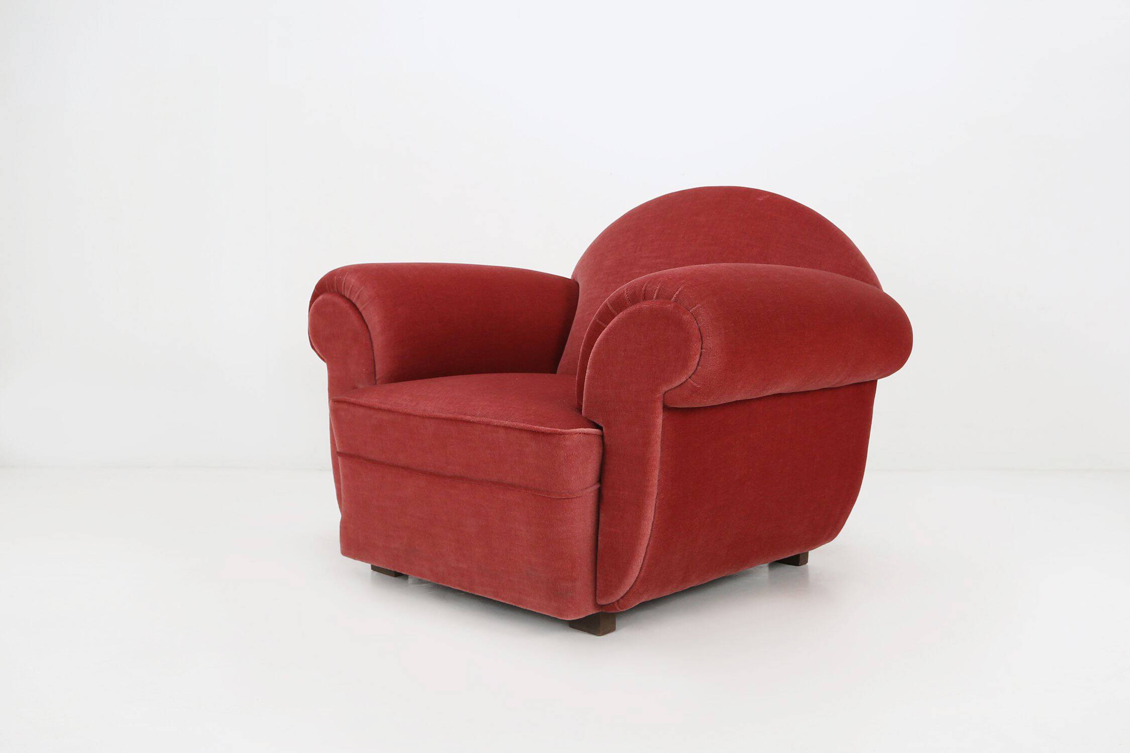 Set of 3 French Art Deco Red velvet Upholstered Armchairs, 1930s