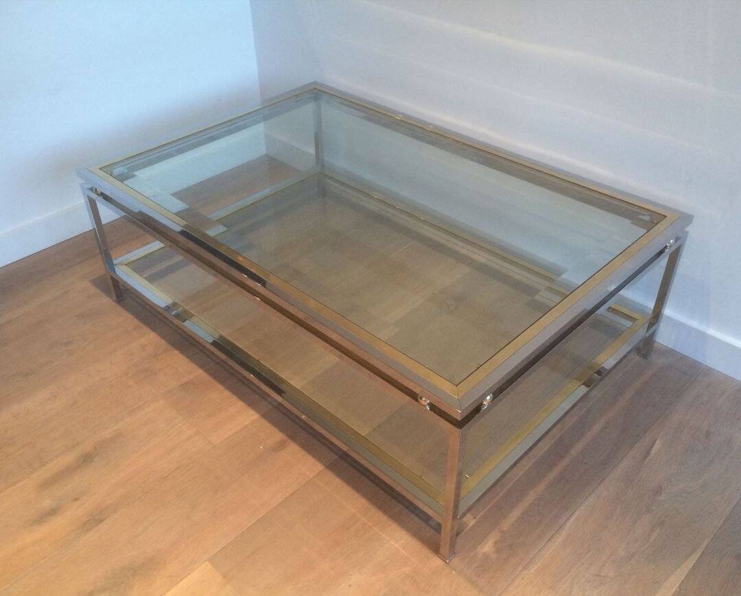 Table basse à double plateau en chrome et laiton