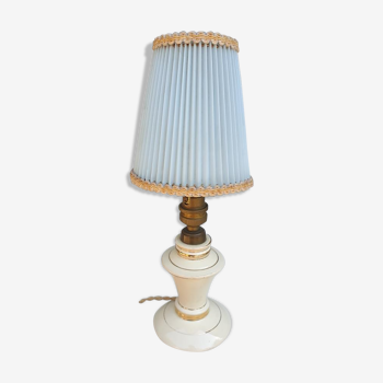 Vintage candlelight vanilla earthenware border gold and rhodoid lampshade pleated azure