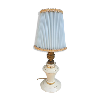 Vintage candlelight vanilla earthenware border gold and rhodoid lampshade pleated azure