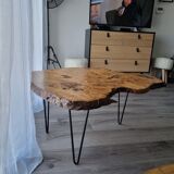 Tripod coffee table in natural solid elm magnifying glass