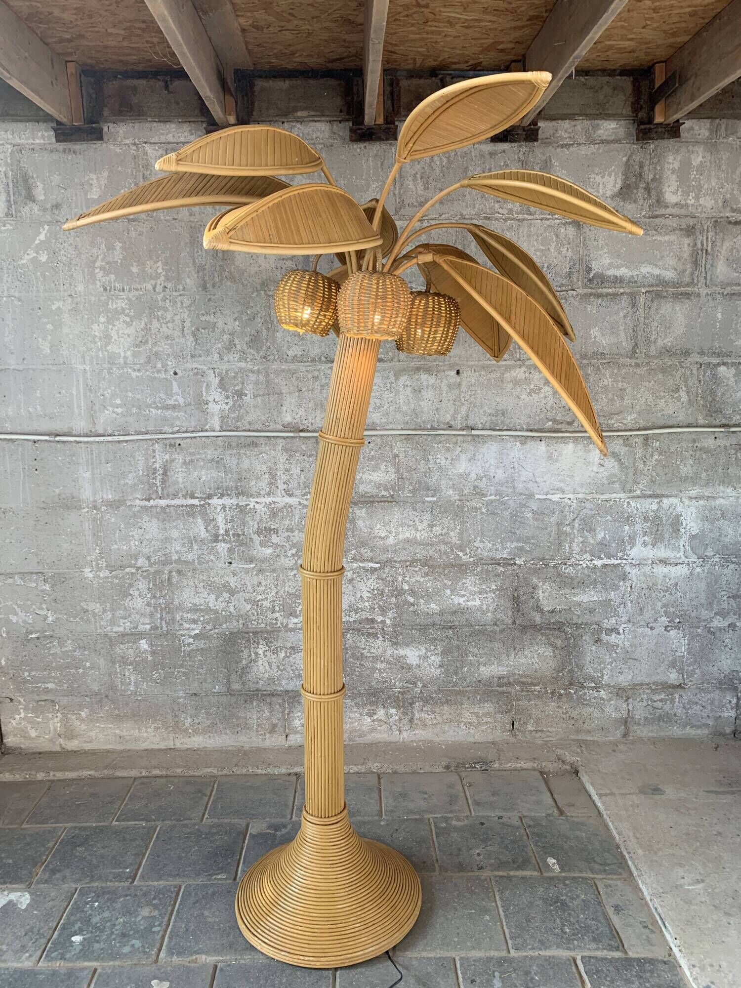 Pencil Reed rattan bamboo coconut palm tree floor lamp, Mario Lopez Torres, 1970s