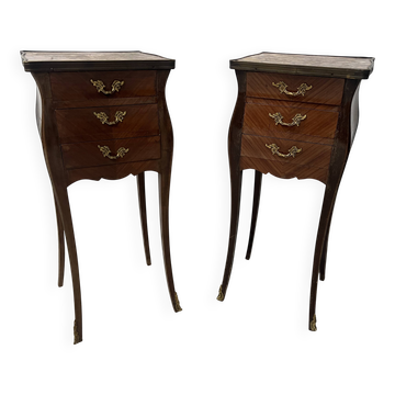 Pair of small marquetry chests in the Louis XV style with a marble top from the 20th century.
