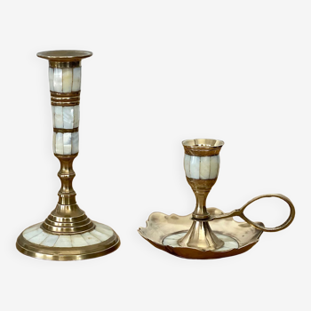 Brass and mother-of-pearl candlesticks