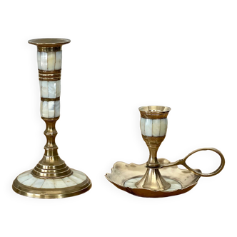 Bougeoirs en laiton et nacre