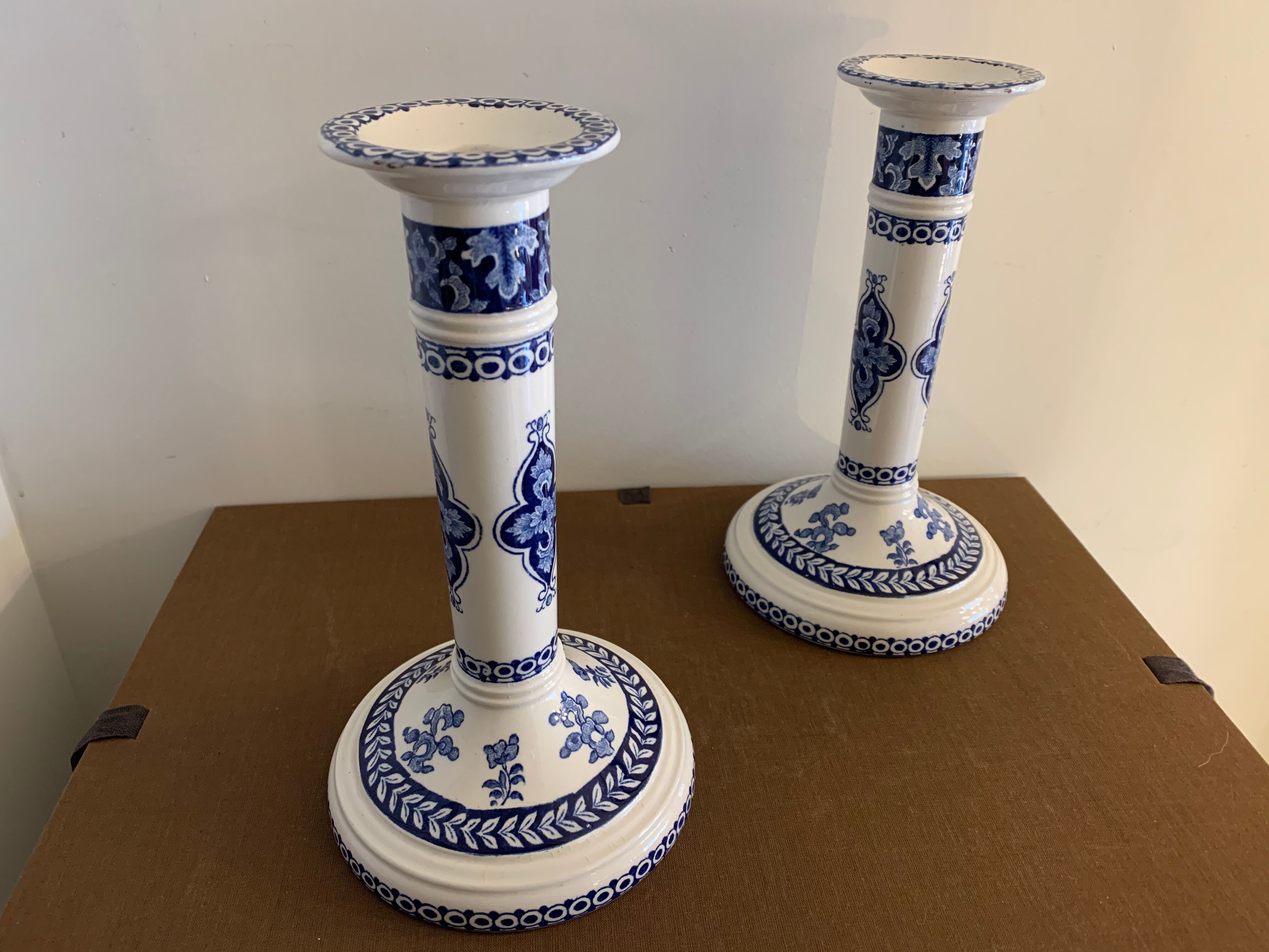 Pair of old candlesticks in blue and white earthenware Gien 1950