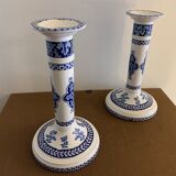 Pair of old candlesticks in blue and white earthenware Gien 1950
