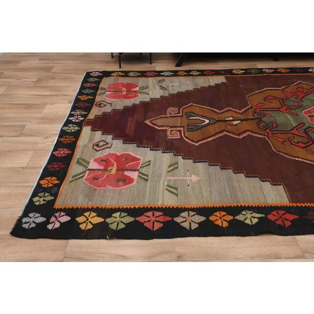 1970s Vintage Turkish Oushak Handmade Wool Cotton Brown Runner Rug  206x387