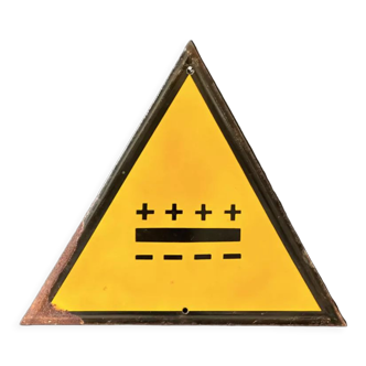 Battery yellow warning sign vintage european 1980's industrial big enamel