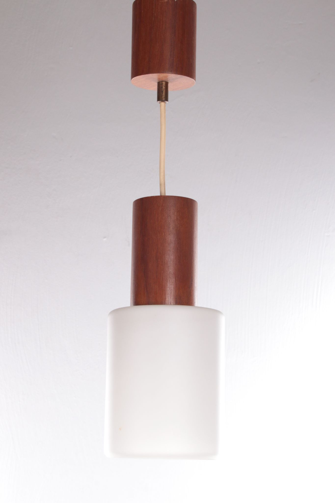 Vintage Louis Kalff hanging lamp teak / opal glass, 1950s