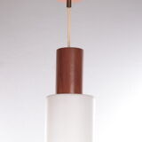Vintage Louis Kalff hanging lamp teak / opal glass, 1950s