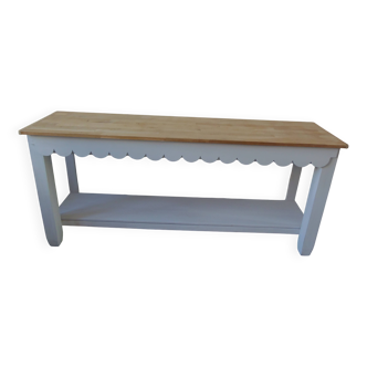 Console with pearl gray patinated base, oak top.