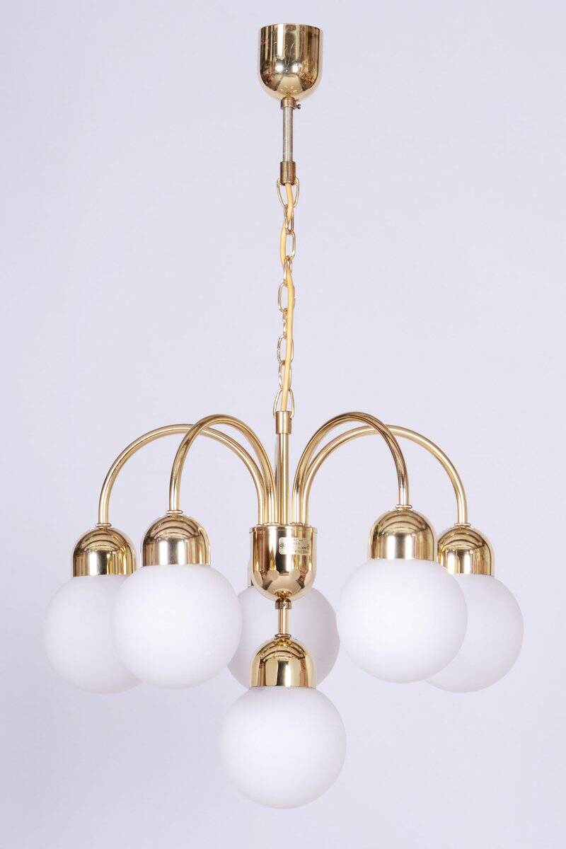 Mid-Century Chandelier in Brass and Opaline Glass, Czech, 1950s