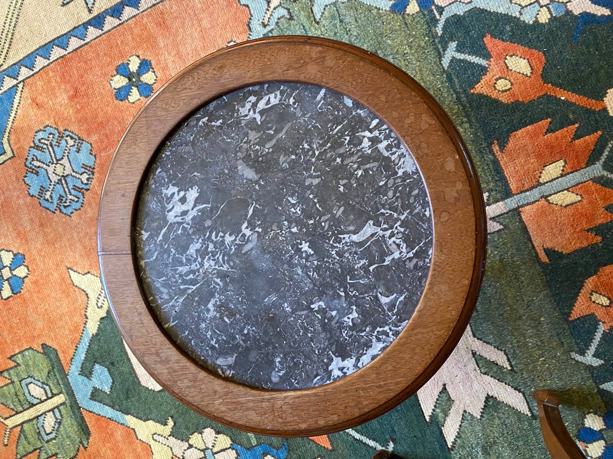 Round oak serving table with marble top