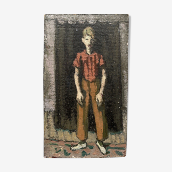 Huile sur toile par Pierre Monteret, jeune enfant devant rideau noir