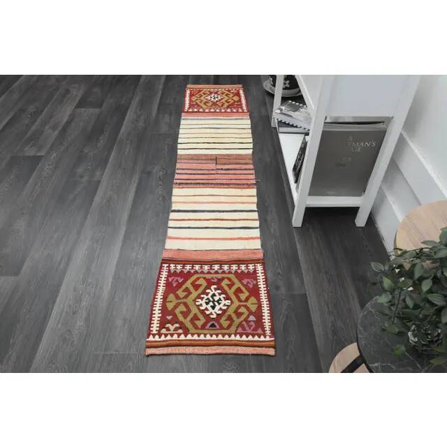 1970s Vintage Turkish Handmade Wool & Cotton White Runner Rug 47x222