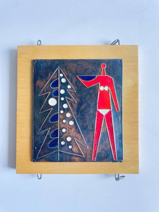 Vintage mid-century three-panel enamel figurative wall art