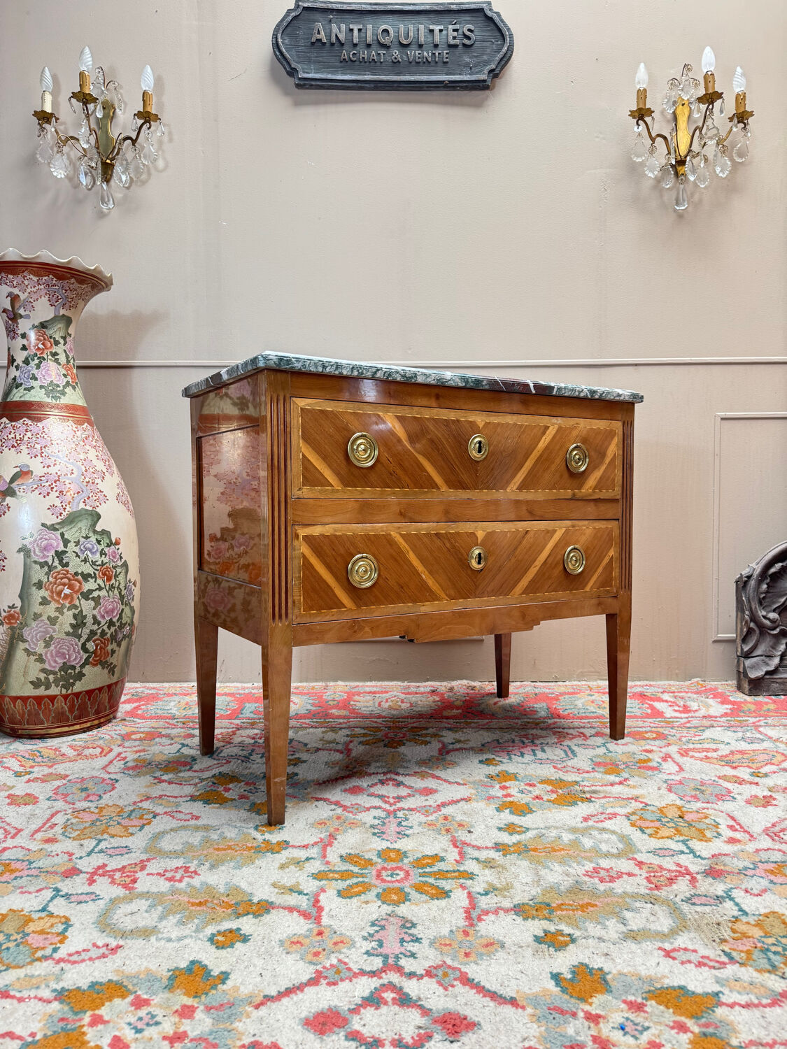 Louis XVI style commode in natural wood and marquetry, 19th century