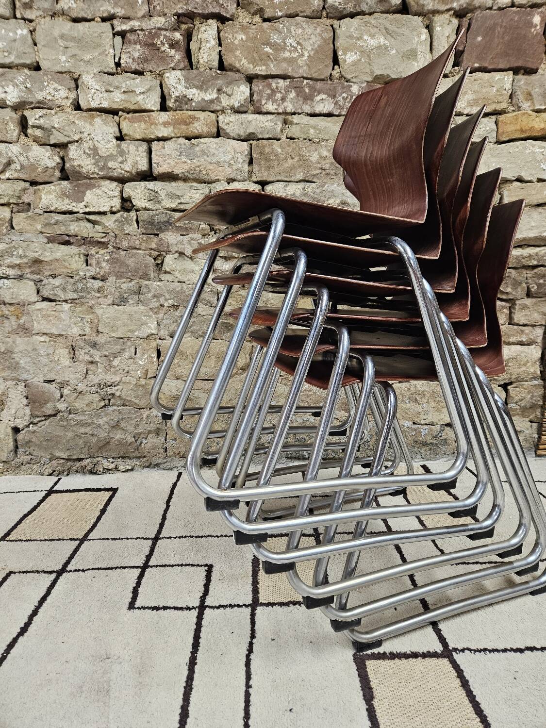 Set of 6 Flötotto pagwood stackable chairs 1960