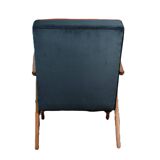 Chaise compas restaurée, tissu jaune canari, fil orange, teck, 1960