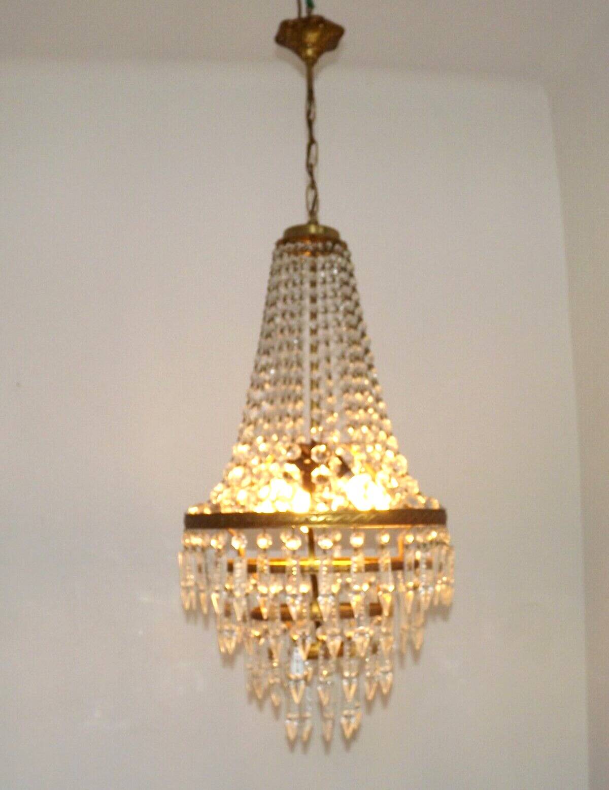 1900s Brass and Crystal Cascade Chandelier
