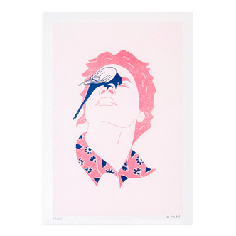 Original risograph illustration bird dream, signed