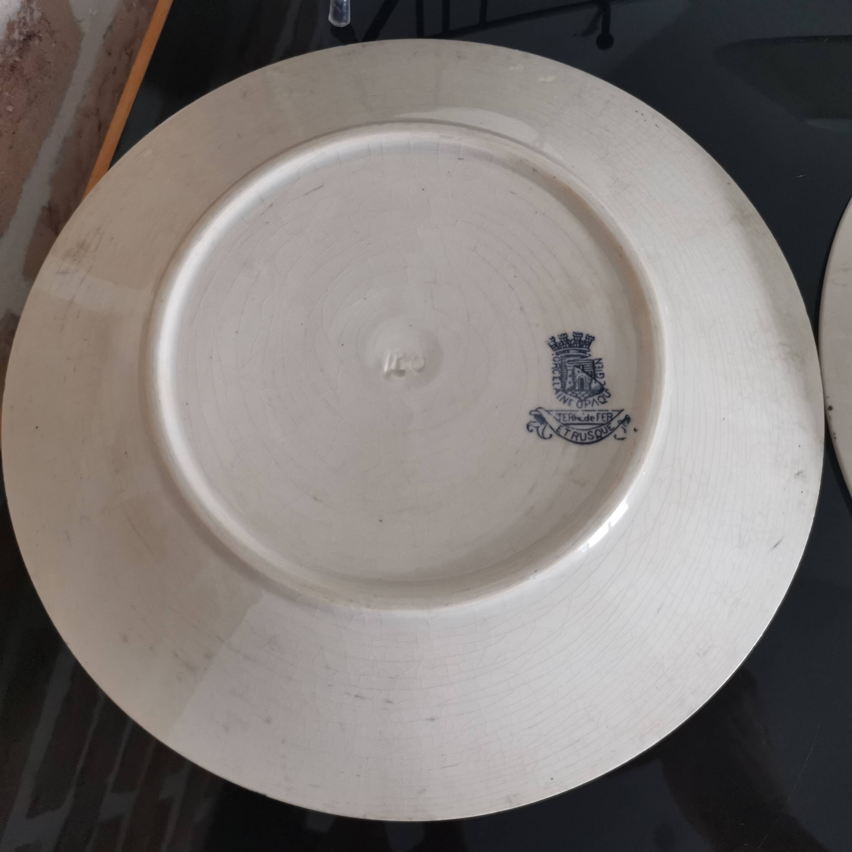 Old "Etruscan" flat plates in opaque porcelain from Gien Terre de Fer