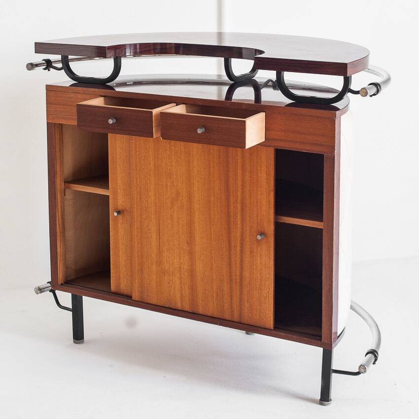 Comptoir meuble bar vintage. Bois, fer et eskaï rembourré. Vintage. Espagne, années 70.