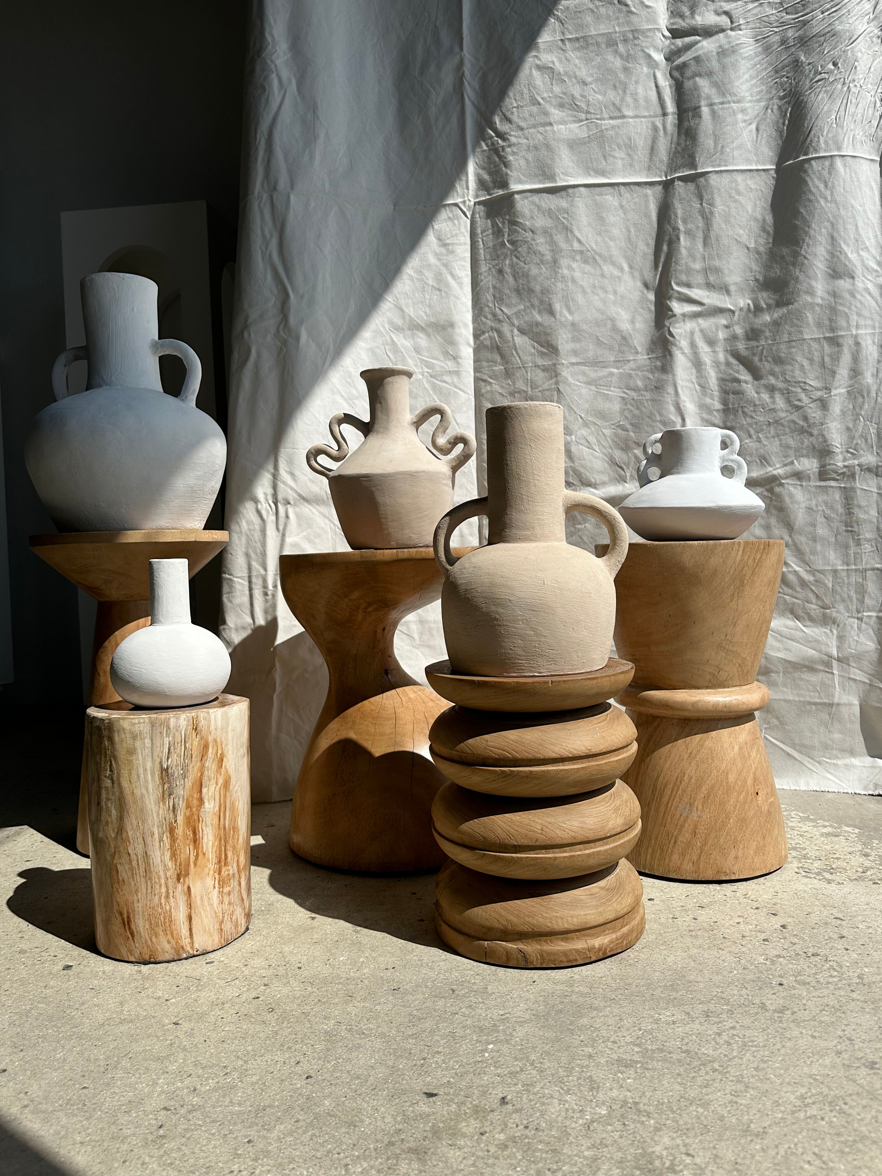 Handcrafted terracotta vase painted white with double handles h:40 d:30