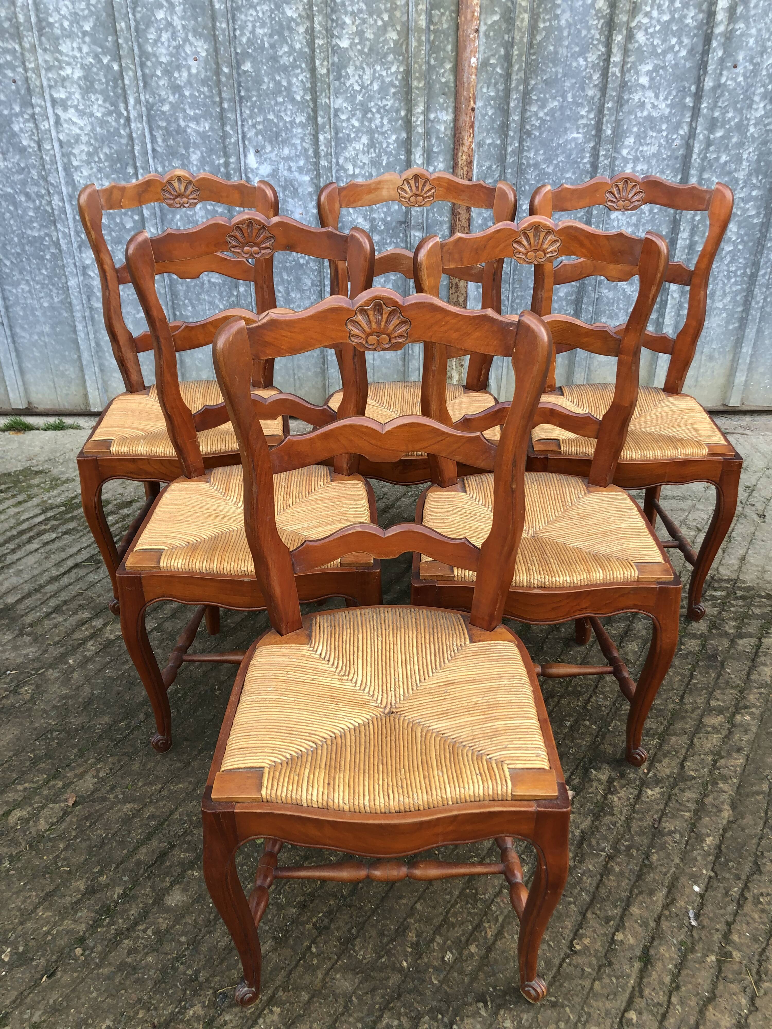 6 rush-seated chairs in solid cherry wood in Louis XV style