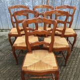 6 rush-seated chairs in solid cherry wood in Louis XV style