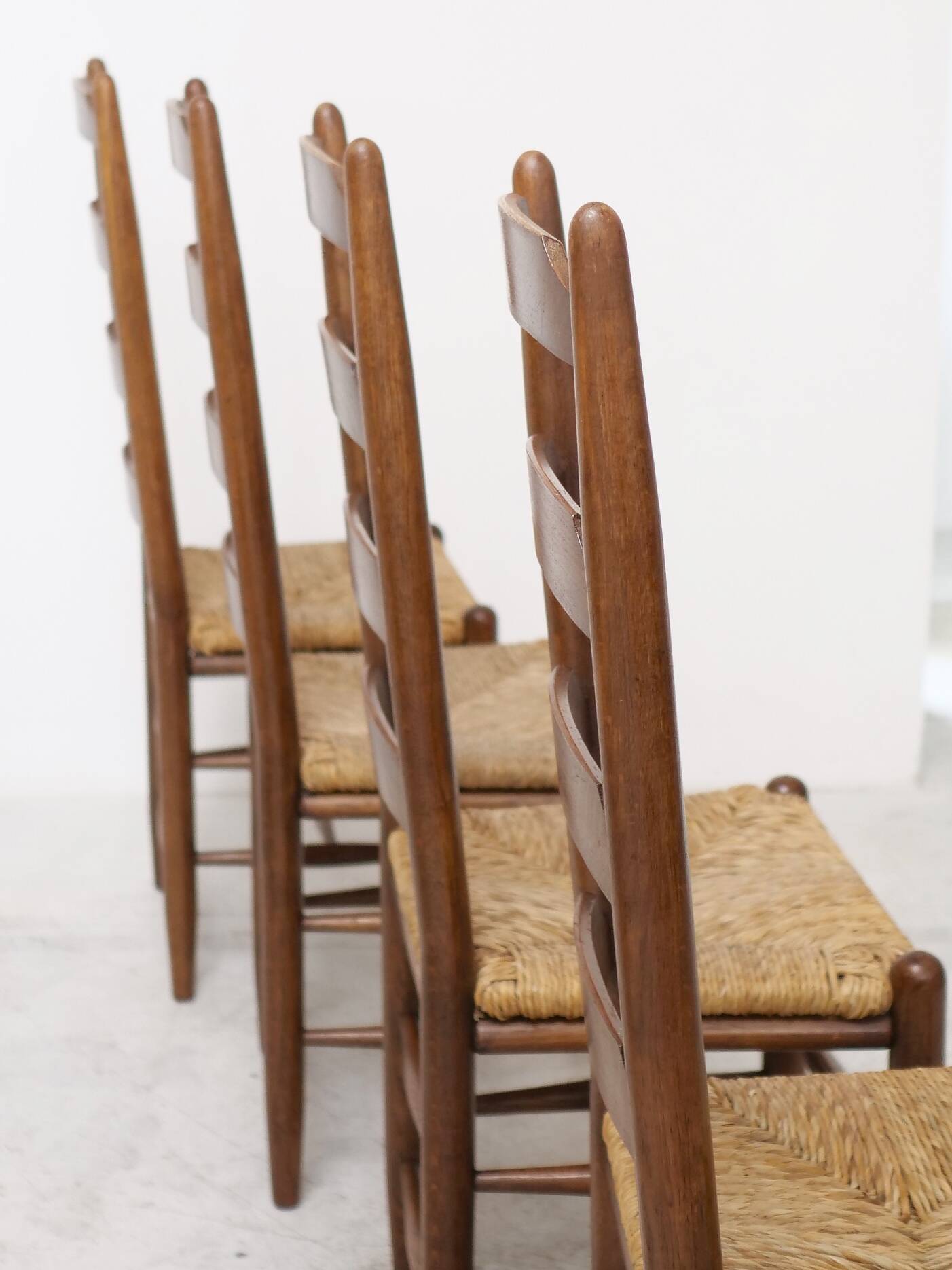 Architectural high-back chairs, straw seat, set of 4.