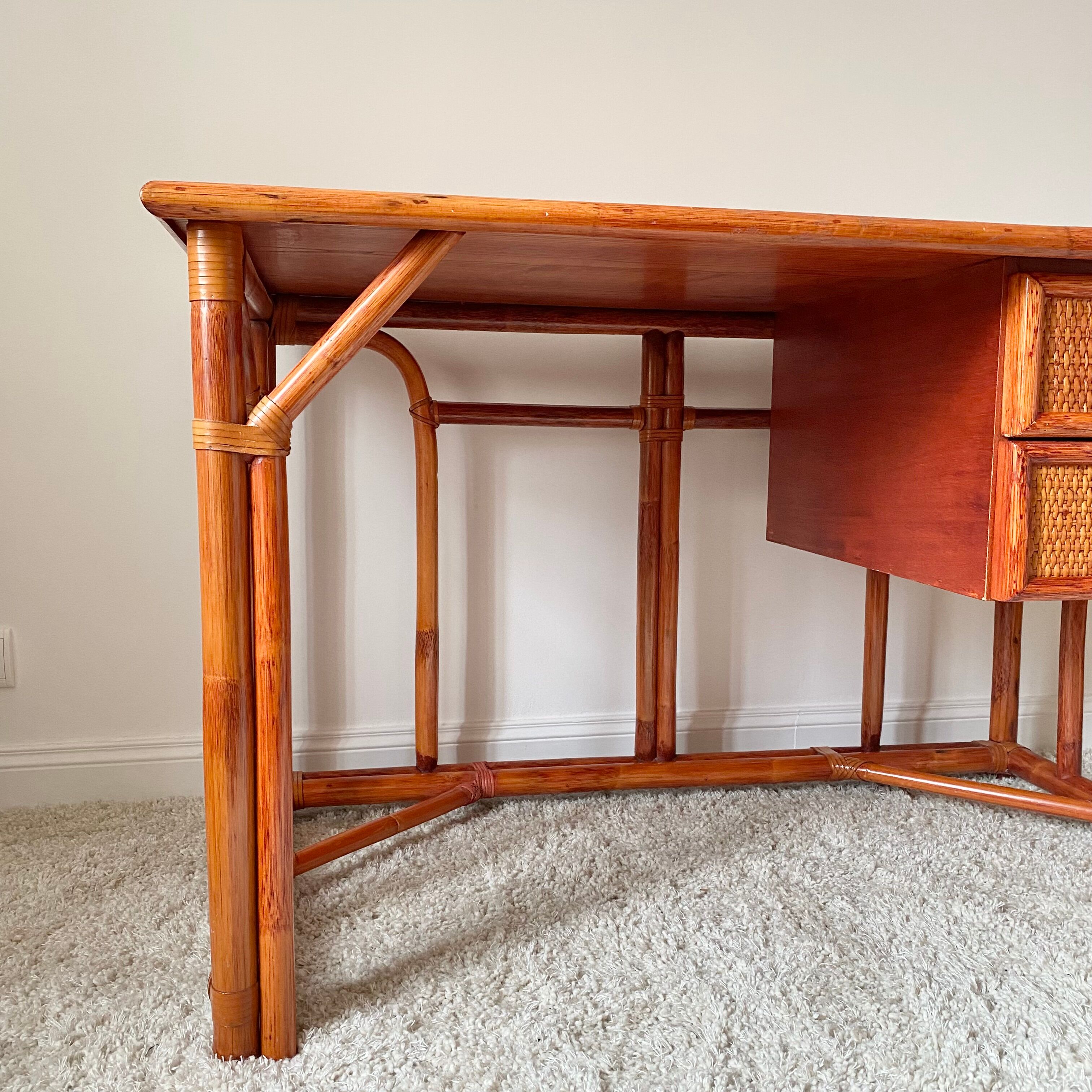 Rattan and bamboo desk Maugrion Roche Bobois