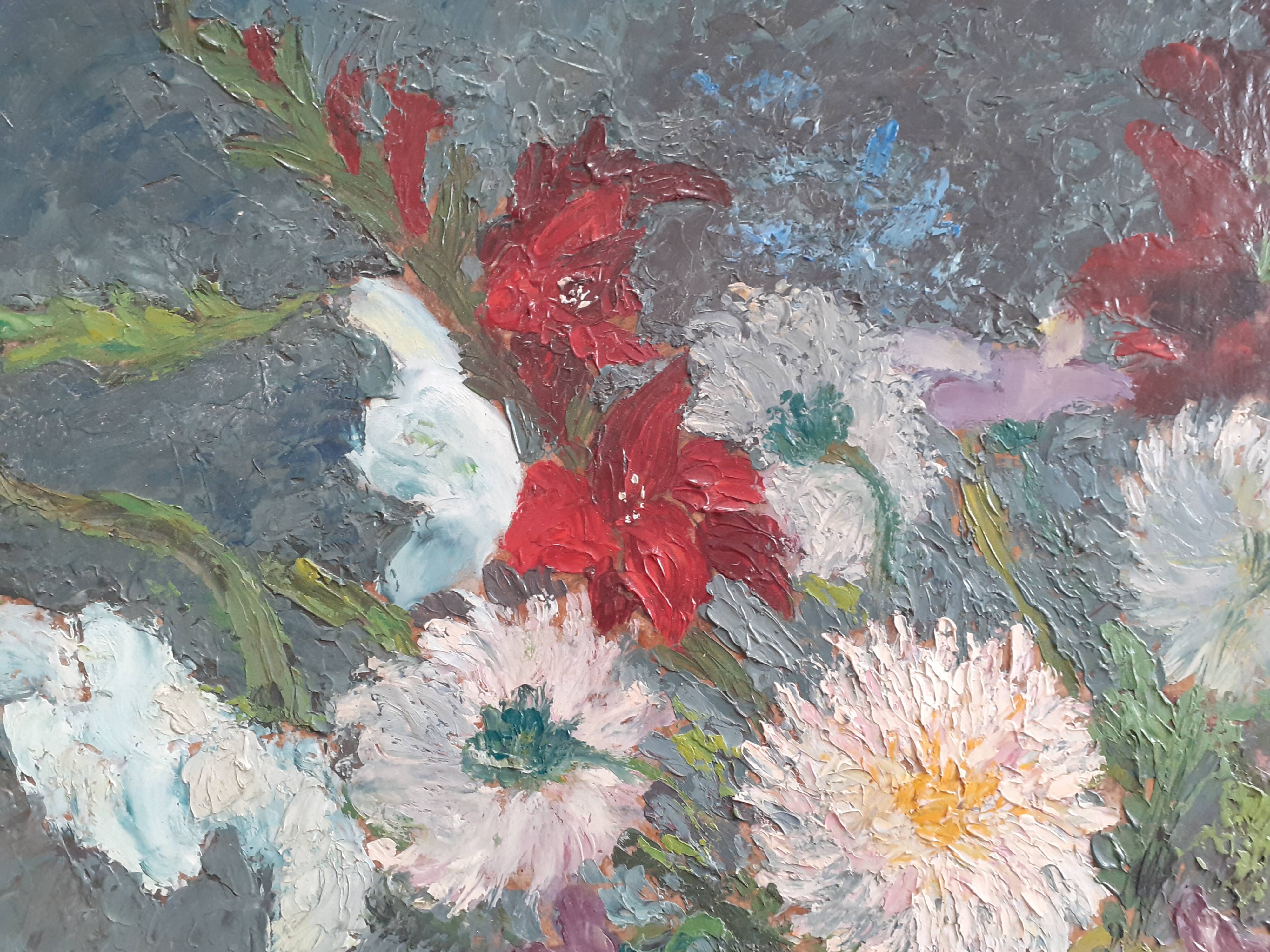 Table bouquet of flowers dahlias gladiolus