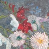 Table bouquet of flowers dahlias gladiolus