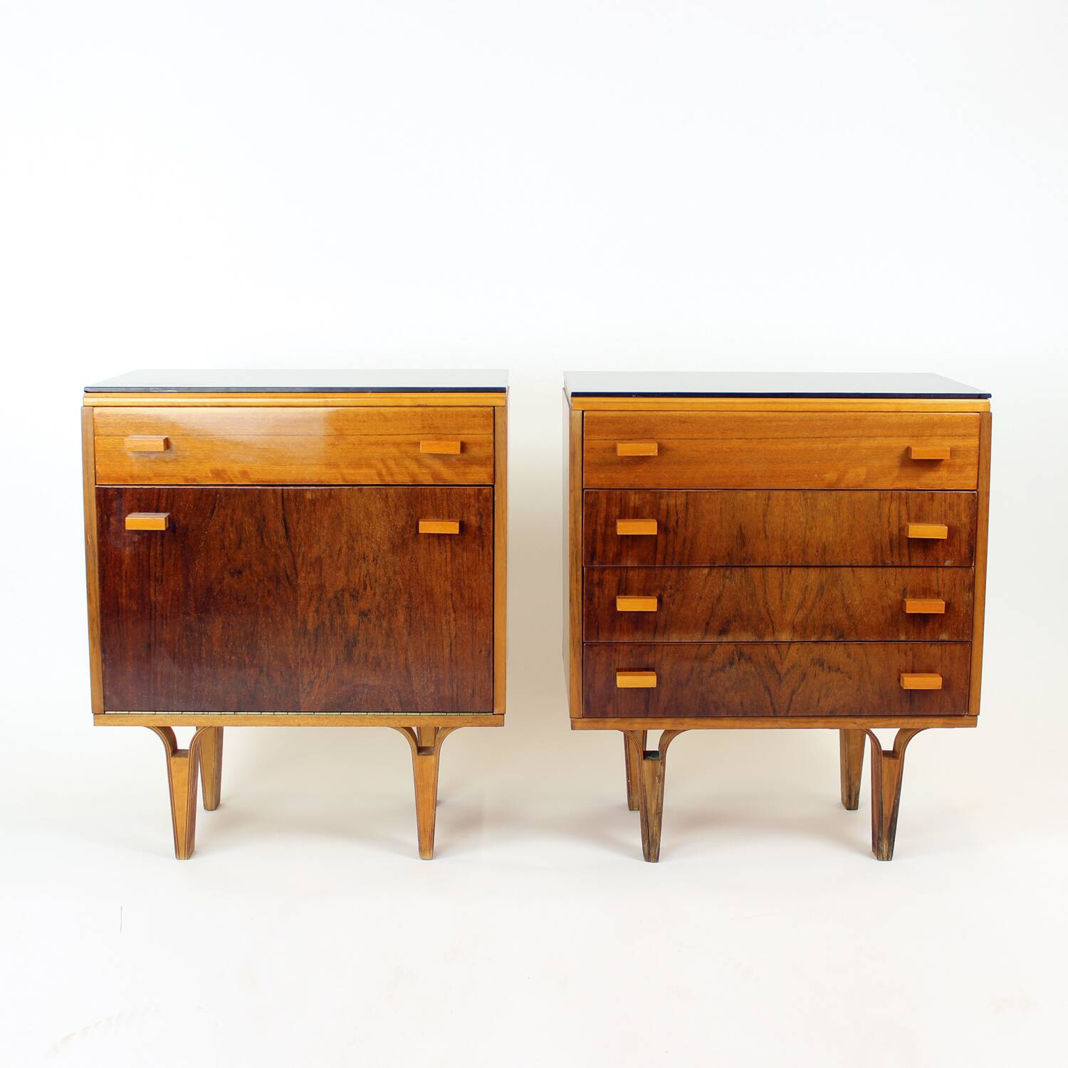 Set Of Mid Century Bedside Tables In Walnut And Black Glass, Czechoslovakia