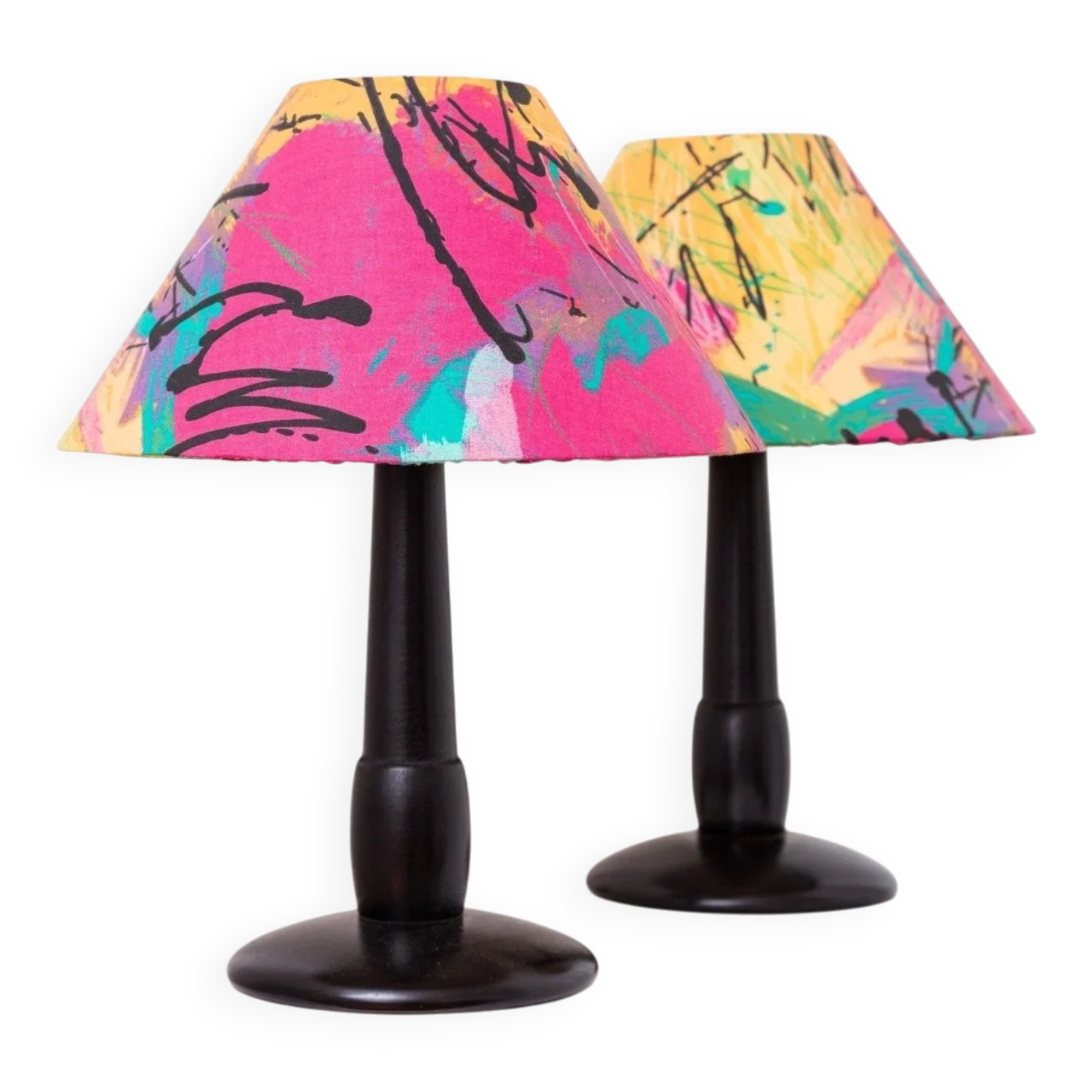 Pair of Memphis Pop Art Table Lamps, Multicolored Fabric Shades, Black Lacquered Bases - Belgian Massive, 1980s