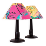 Pair of Memphis Pop Art Table Lamps, Multicolored Fabric Shades, Black Lacquered Bases - Belgian Massive, 1980s