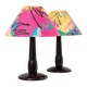 Pair of Memphis Pop Art Table Lamps, Multicolored Fabric Shades, Black Lacquered Bases - Belgian Massive, 1980s