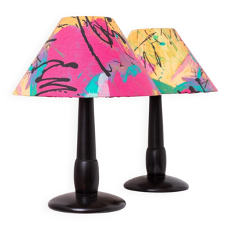 Pair of Memphis Pop Art Table Lamps, Multicolored Fabric Shades, Black Lacquered Bases - Belgian Massive, 1980s