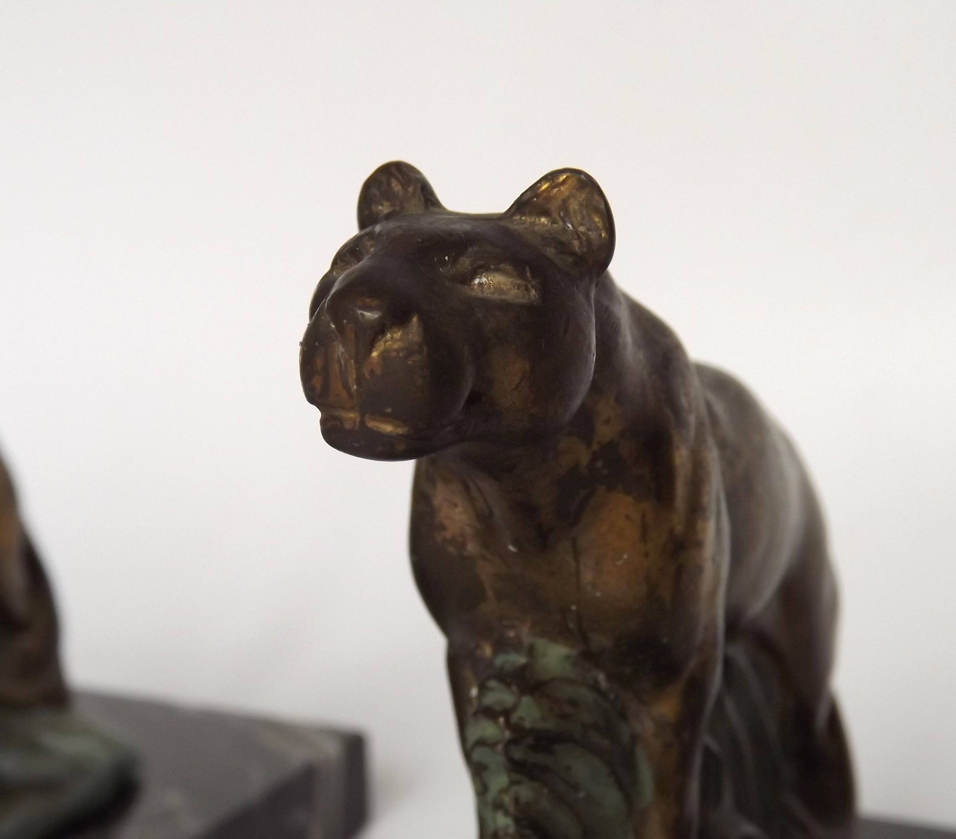 Vintage French Art Deco Panther Book Ends - Marble and Metal Bookends