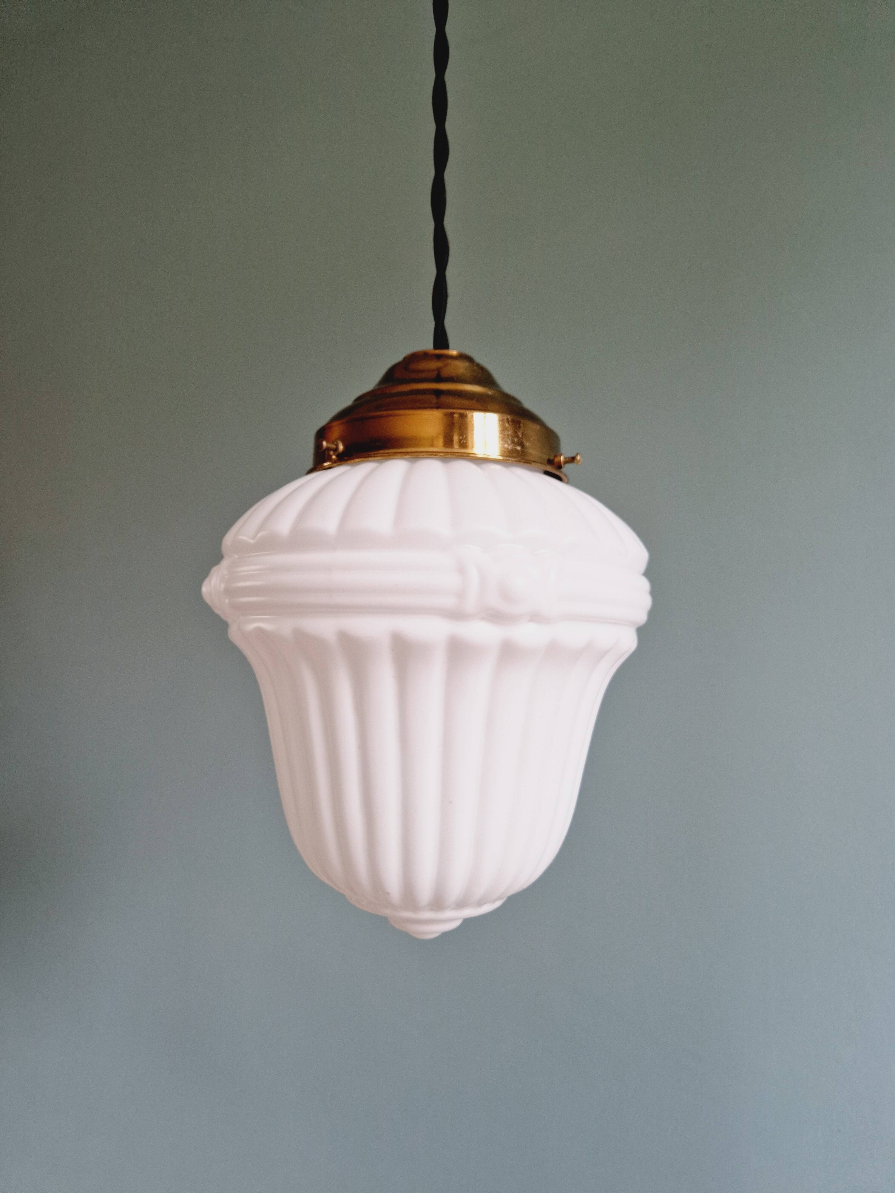 Art Deco pendant light in white opaline glass, 1920s-30s