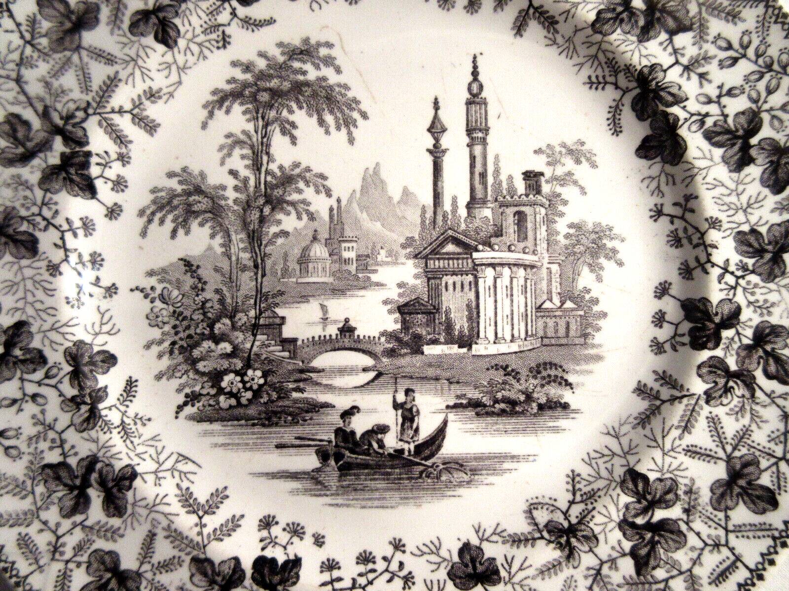 English dessert plate signed David Johnston & Cie: Black and white landscape