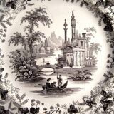 English dessert plate signed David Johnston & Cie: Black and white landscape
