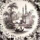 English dessert plate signed David Johnston & Cie: Black and white landscape