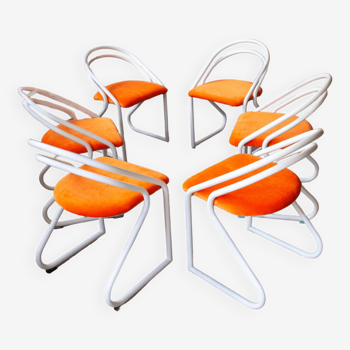 6 chairs with tubular metal structure, reupholstered in orange velvet, 1980