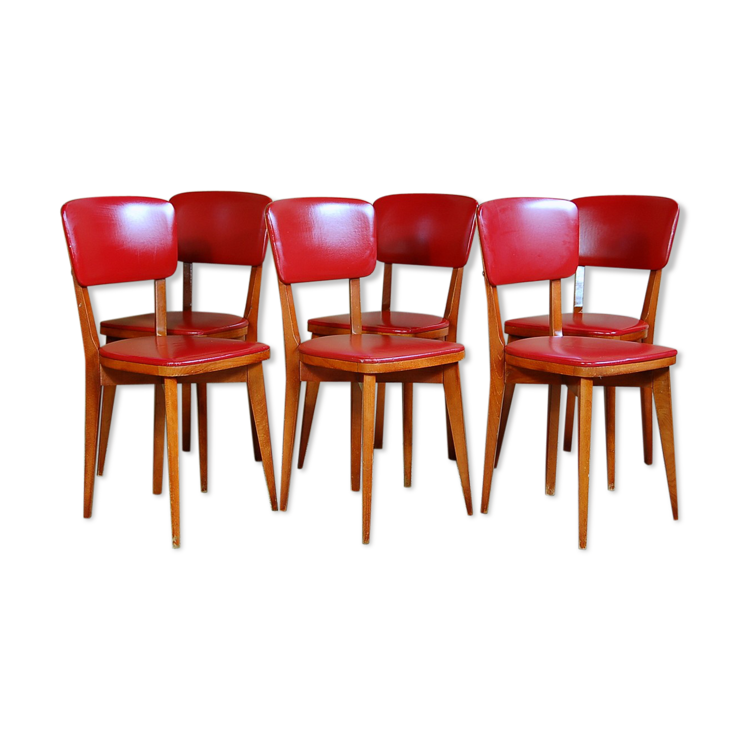 6 chaises bistrot vintage bois et skaï rouge